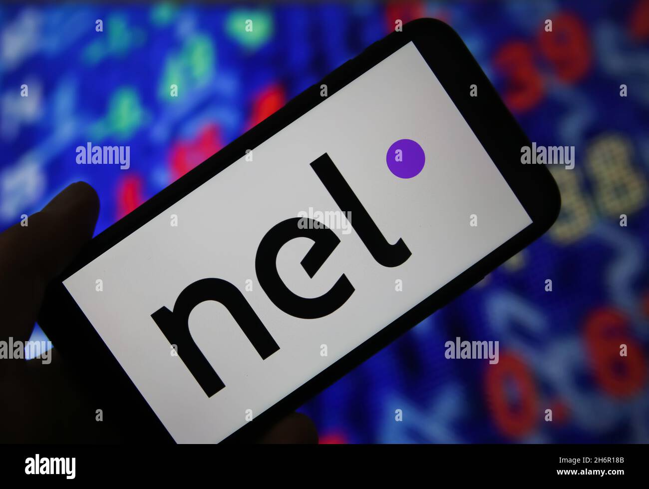 Viersen, Germany June 6. 2021 Closeup of mobile phone screen with logo lettering of nel asa