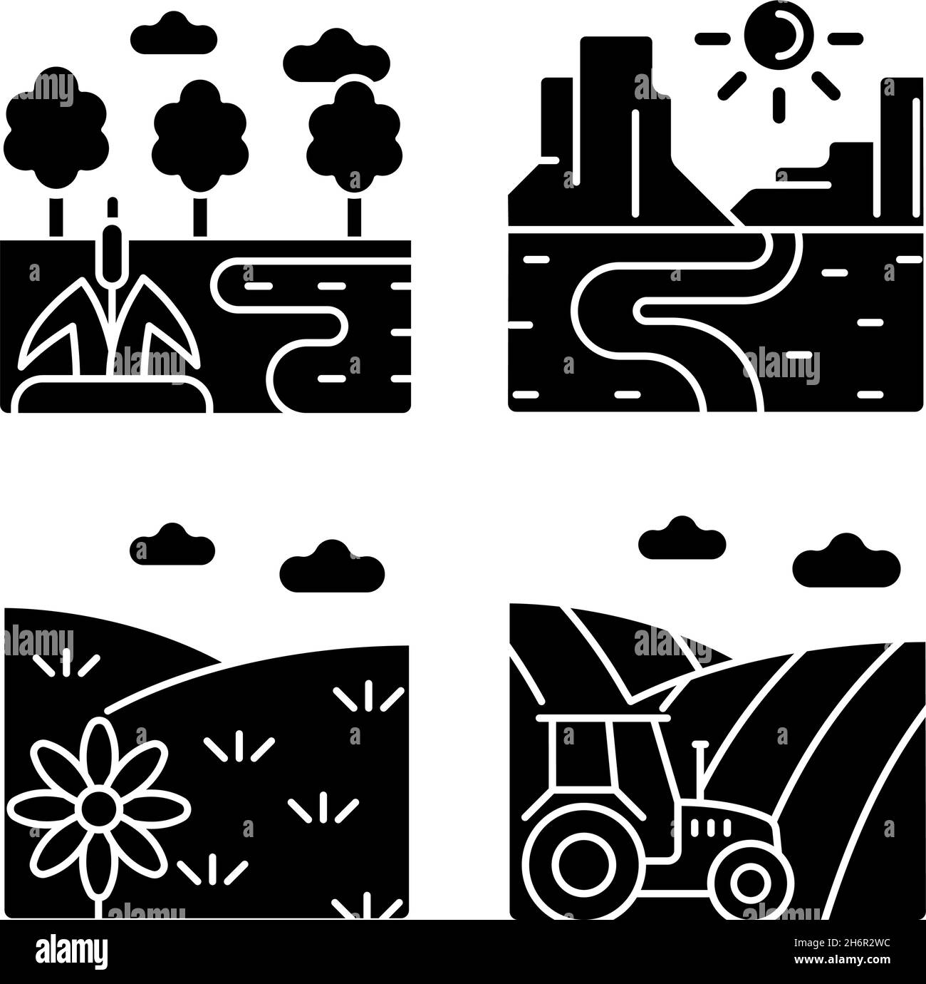 Diverse land types black glyph icons set on white space Stock Vector