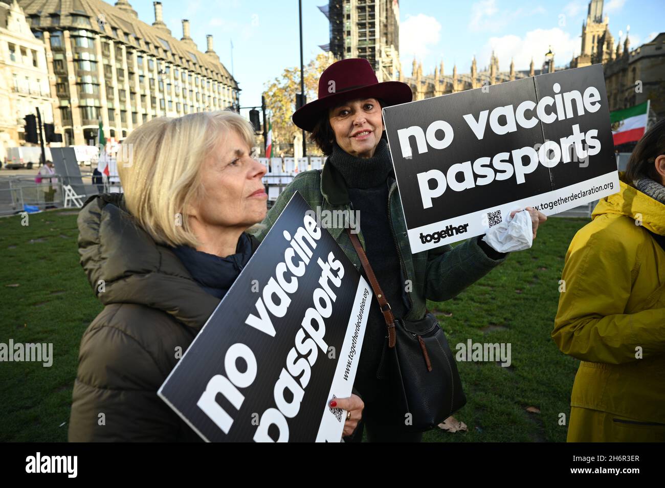 London, UK. 17 November 2021, MP support, people should have Freedom of Choice against Vaccine Passports - No jab, no job, No jab, no travel is totall wrong against fundamental human rights in Parliament Square, 17 November 2021, London, UK. Stock Photo