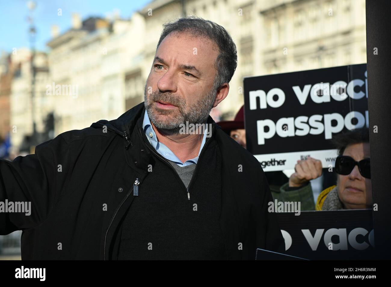 London, UK. 17 November 2021, Alan D Miller support people should have Freedom of Choice against Vaccine Passports - No jab, no job, No jab, no travel is totall wrong against fundamental human rights in Parliament Square, 17 November 2021, London, UK. Stock Photo