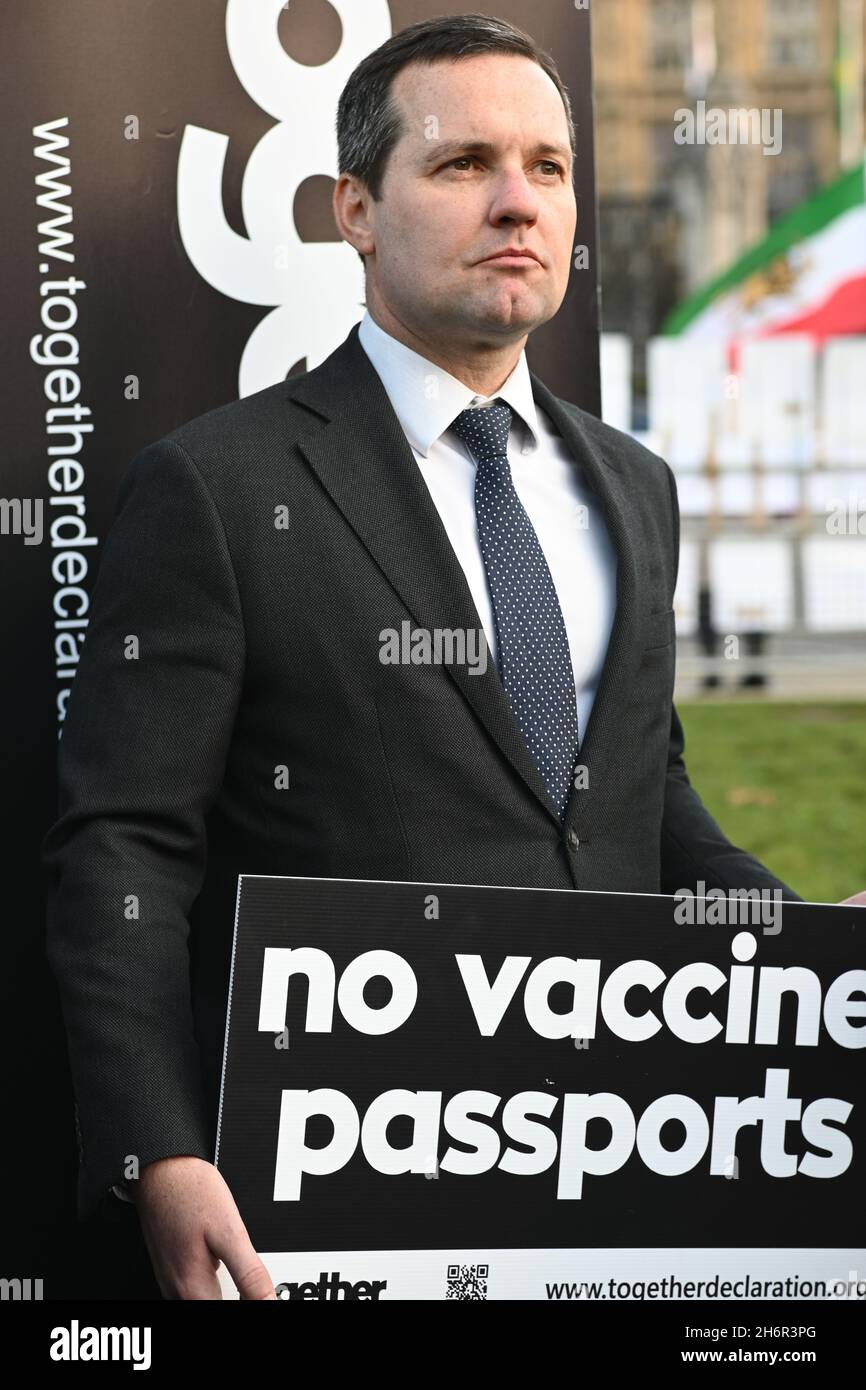 London, UK. 17 November 2021, Chris Green MP support people should have Freedom of Choice against Vaccine Passports - No jab, no job, No jab, no travel is totall wrong against fundamental human rights in Parliament Square, 17 November 2021, London, UK. Stock Photo
