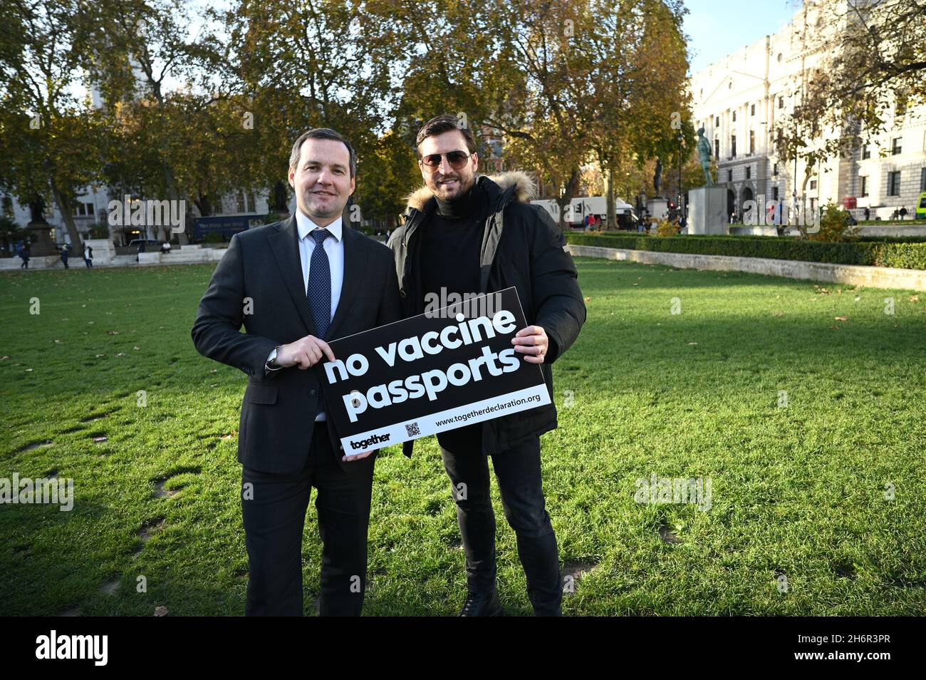 London, UK. 17 November 2021, Chris Green MP support people should have Freedom of Choice against Vaccine Passports - No jab, no job, No jab, no travel is totall wrong against fundamental human rights in Parliament Square, 17 November 2021, London, UK. Stock Photo