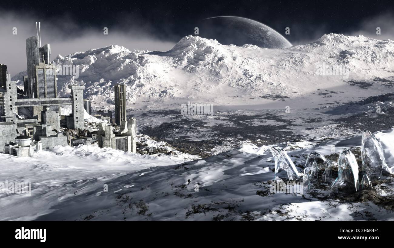 Illustration of an alien ice planet and buildings Stock Photo - Alamy