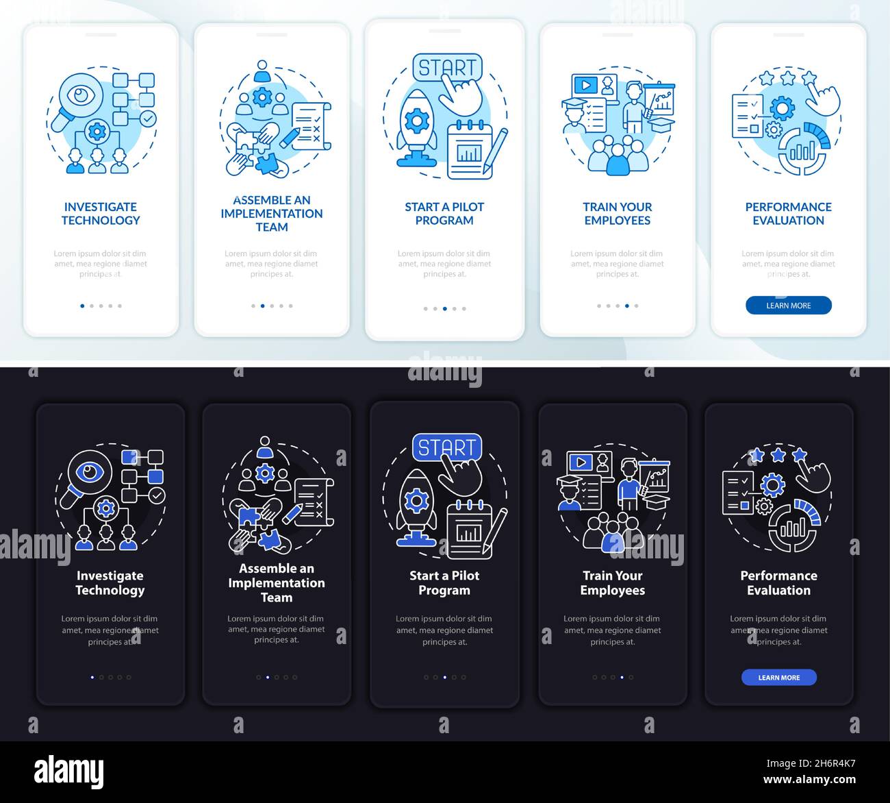 Tech execution steps onboarding mobile app page screen Stock Vector