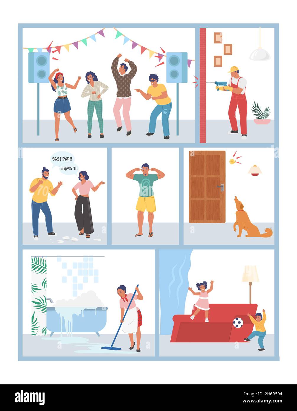 Apartment noise. Noisy neighbors dancing, screaming, drilling wall