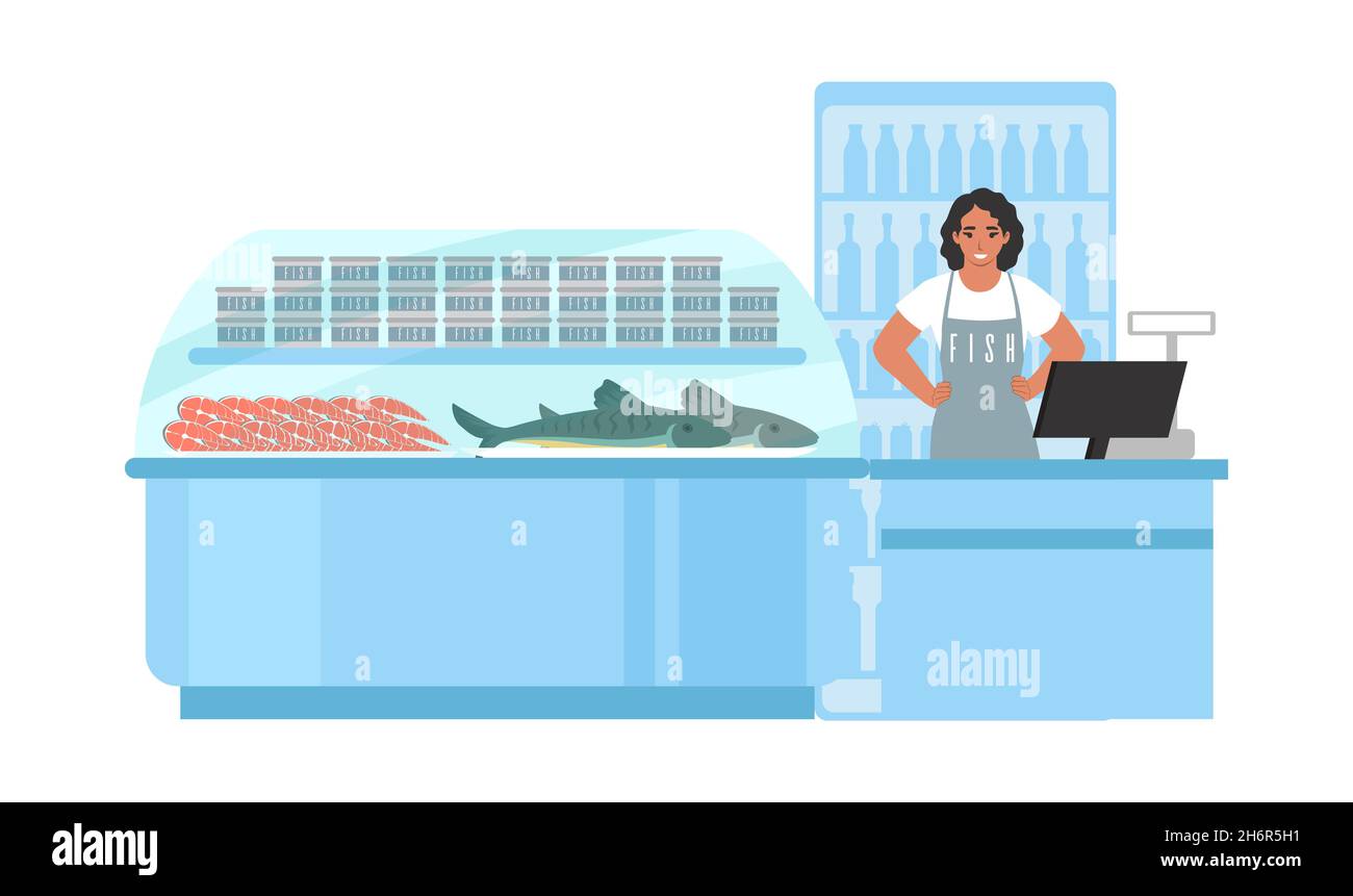 Fish store, market. Supermarket, grocery store seafood section