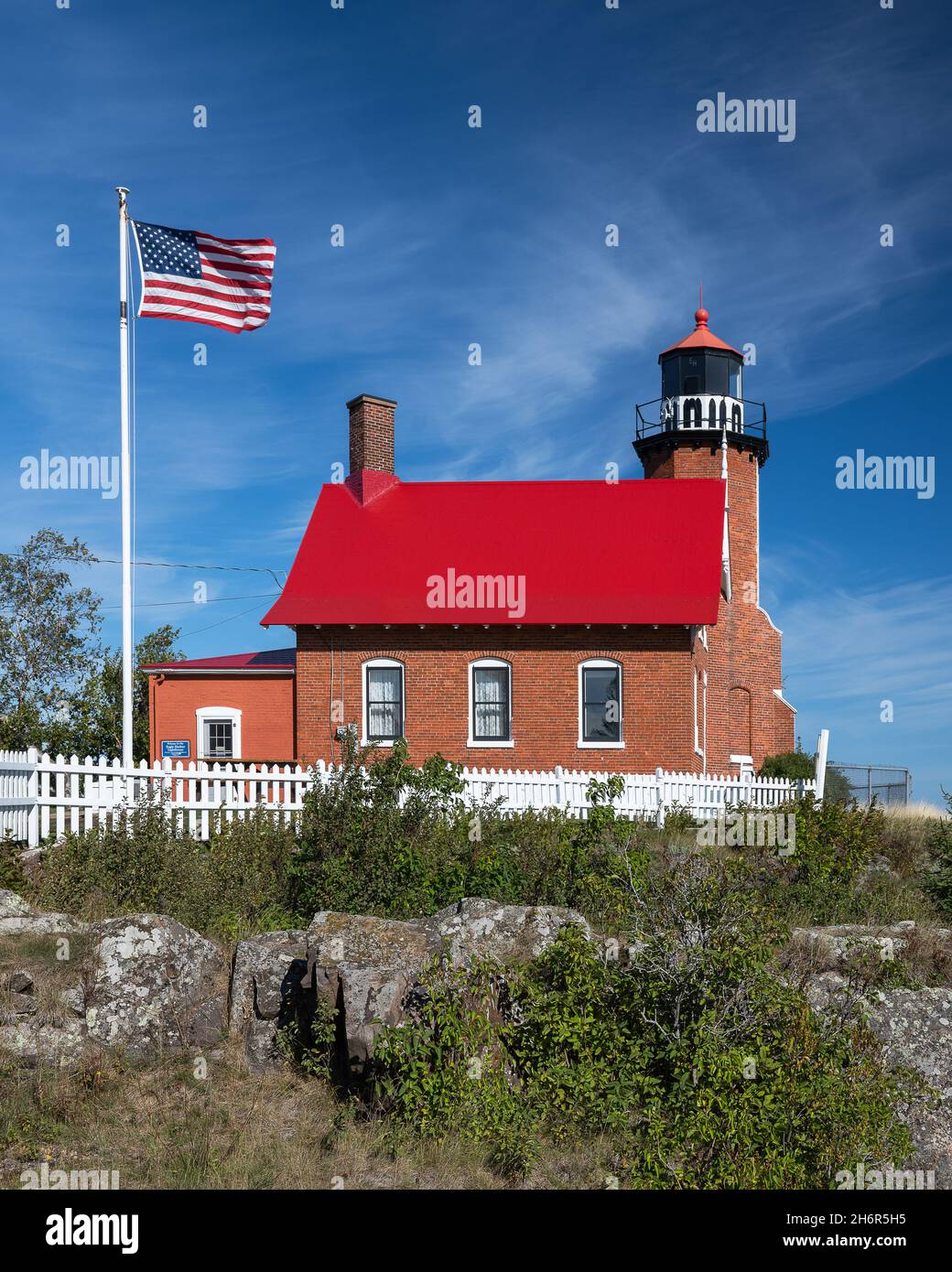 Exterior of the historic Eagle Harbor Lighthouse on Lighthouse Road in