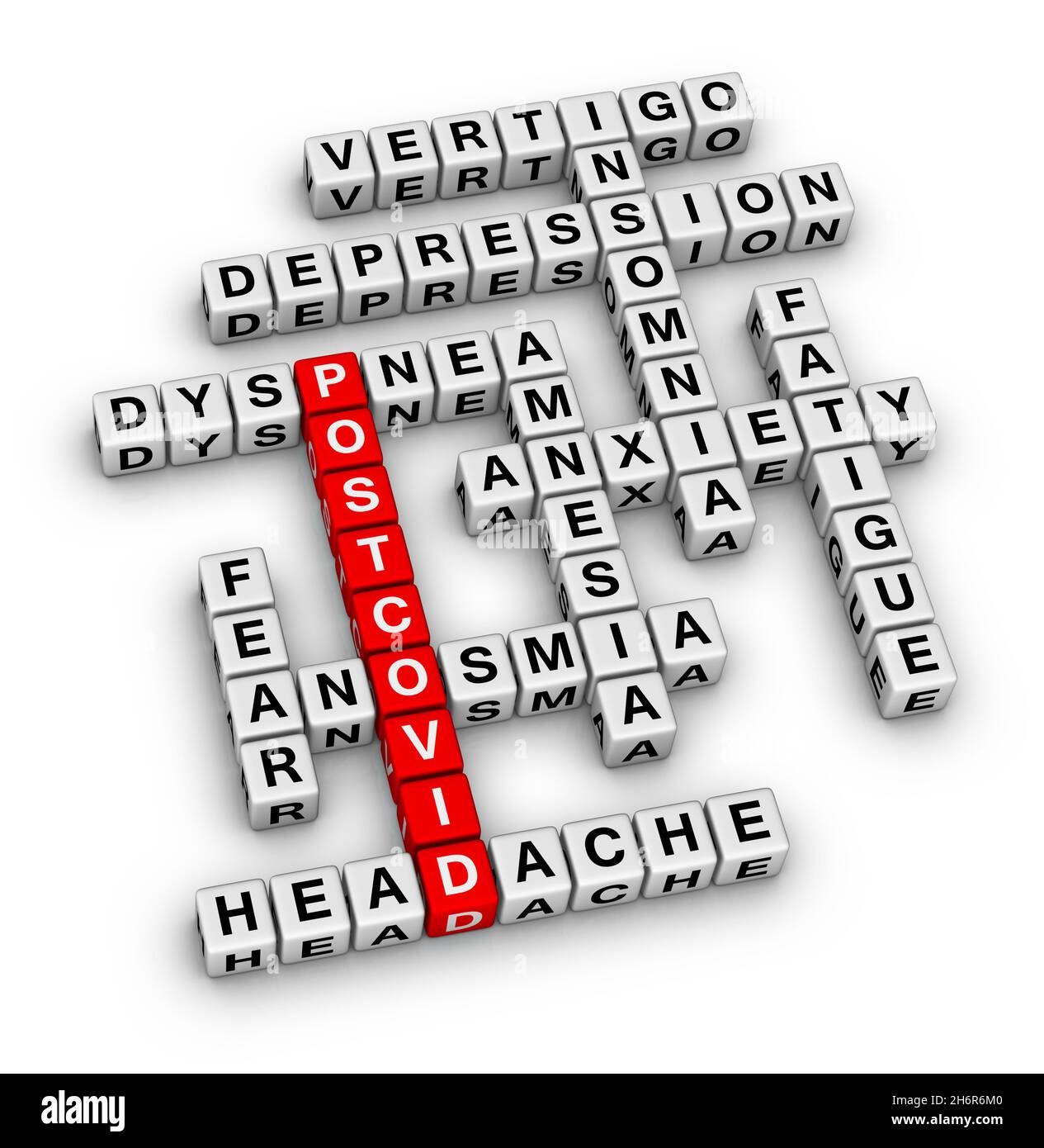 Post COVID syndrome. Mental Health problem. 3D rendering crossword puzzle. Stock Photo