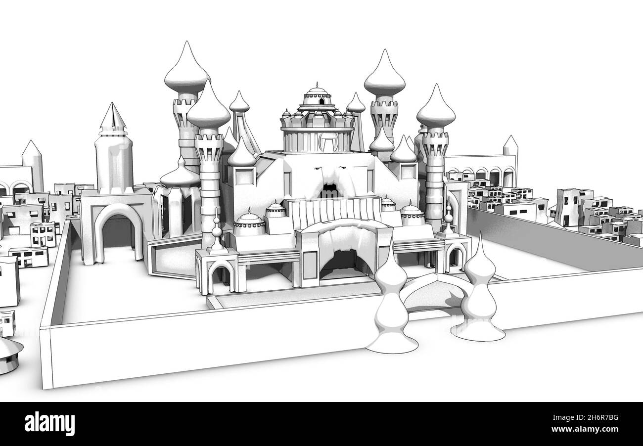 Black and white illustration of a castle Stock Photo - Alamy