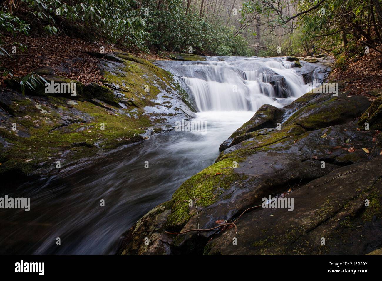 Moccasin Creek - Rabun County, Georgia. Mocassin Creek flows through an eroded channel in the bedrock of north Georgia. Stock Photo