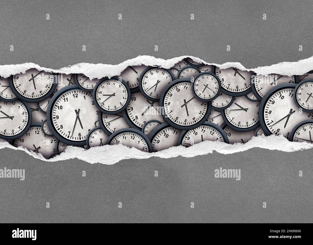 Time stress concept and business working hours as a busy schedule or deadline  or urgent pressure with ripped paper exposing hidden clocks and watches Stock Photo