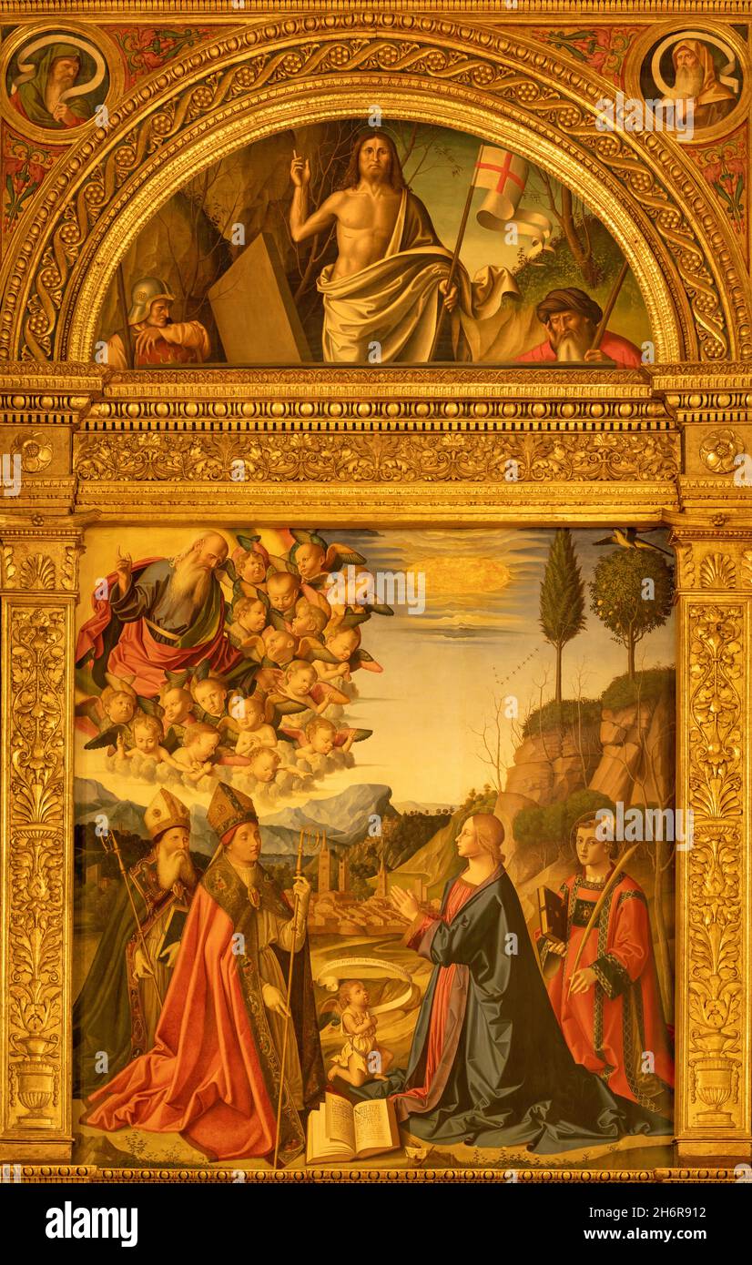 FORLÍ, ITALY - NOVEMBER 11, 2021: The paiting of Immaculate Conception and the saints and Resurrection of Jeus in the church Basilica San Mercuriale Stock Photo