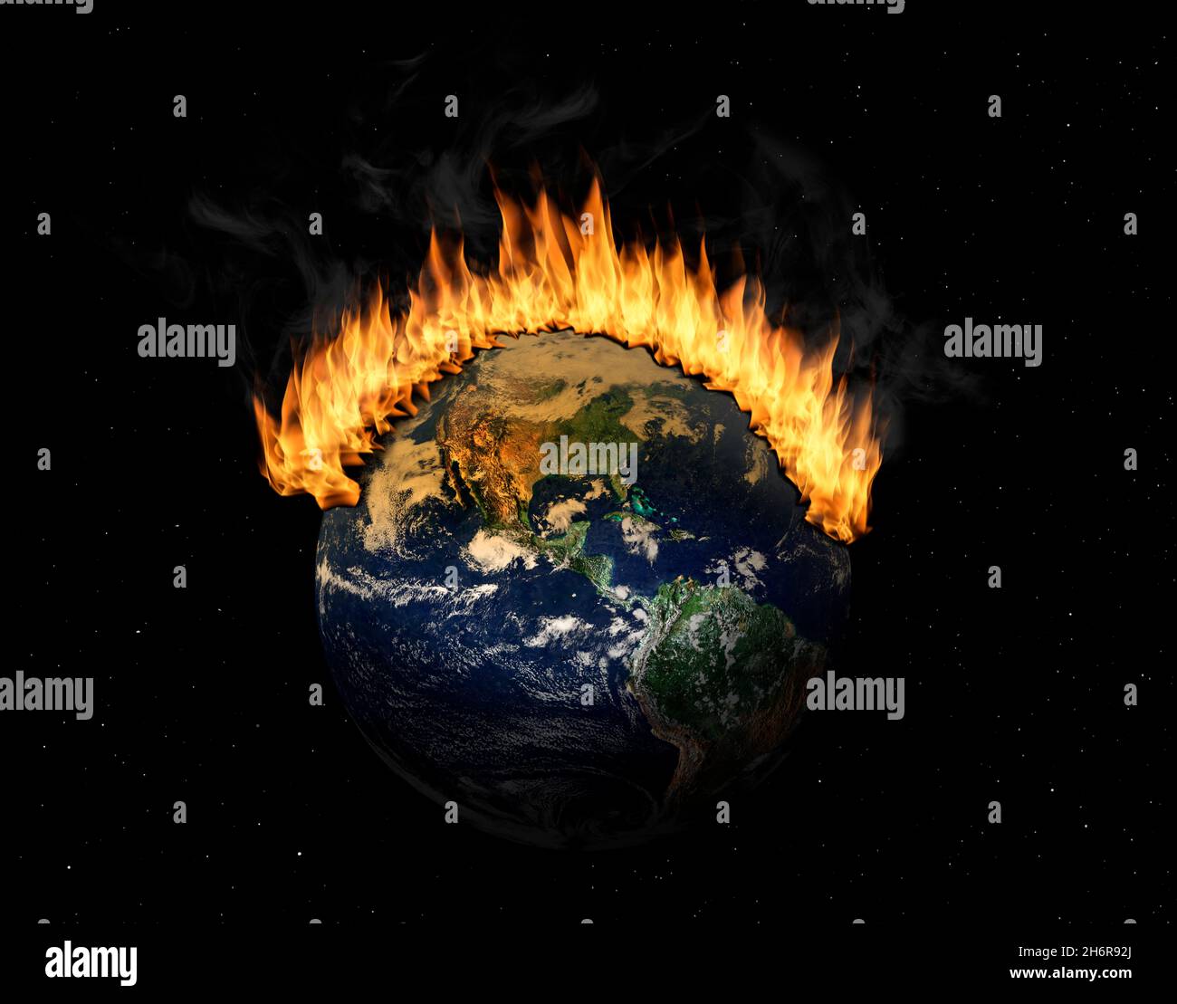 Planet earth in outer space engulfed in flames. Concept of climate crisis; natural disasters, global warming, apocalypse, war, judgment day. Elements Stock Photo