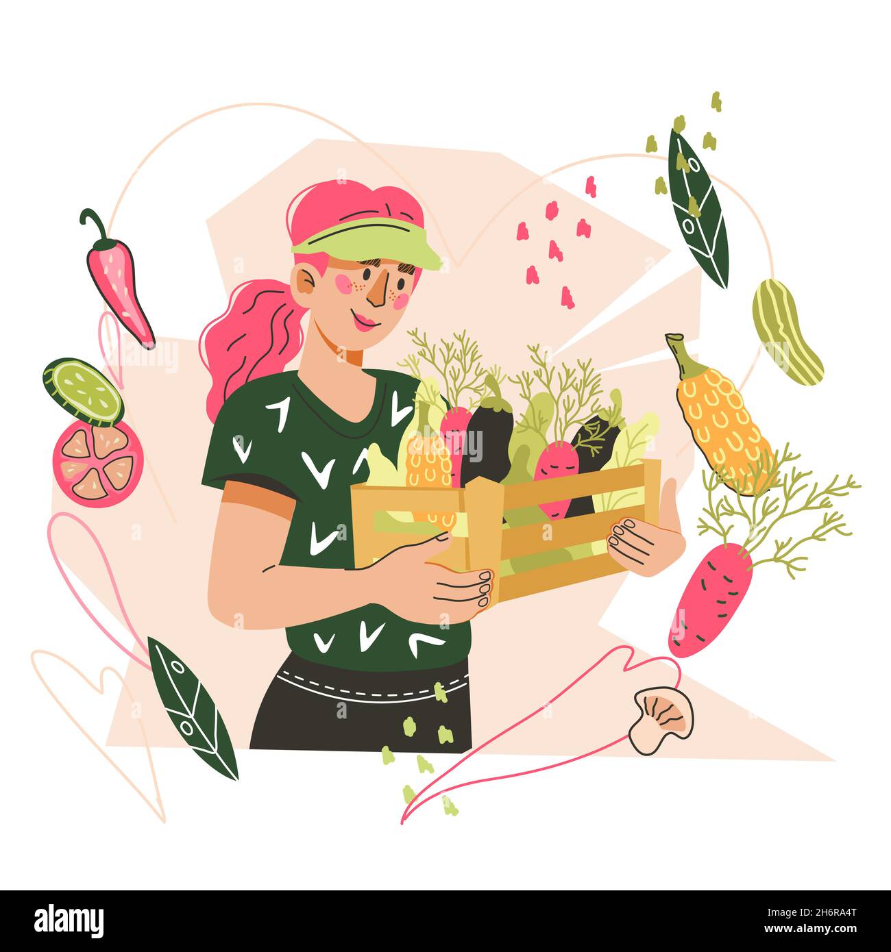 Farmer woman with harvest of fresh vegetables and fruits. Emblem or ...