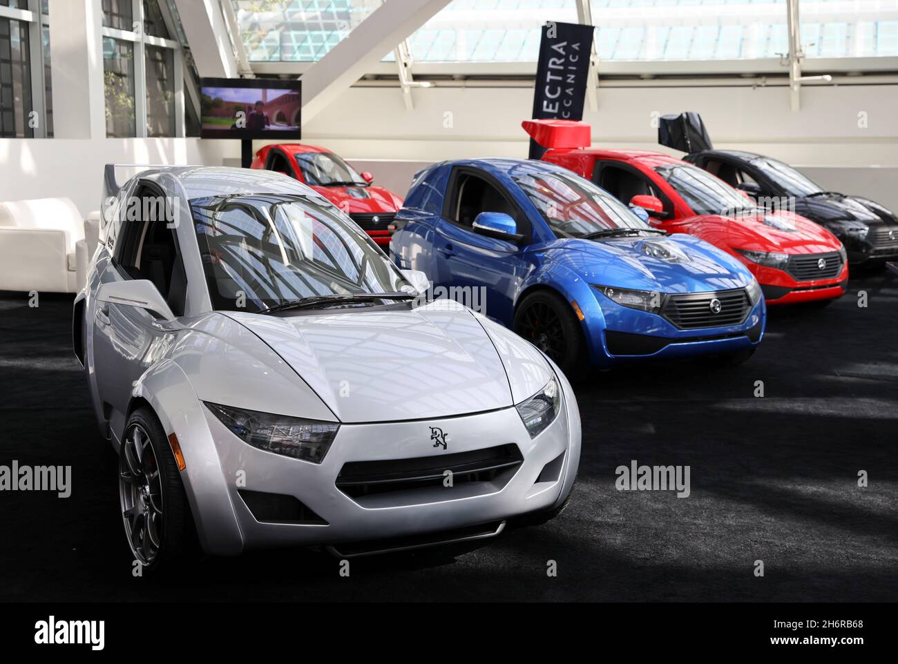Electra Meccanica Solo vehicles are displayed during the 2021 LA Auto Show in Los Angeles, California, U.S. November, 17, 2021. REUTERS/Mike Blake Stock Photo