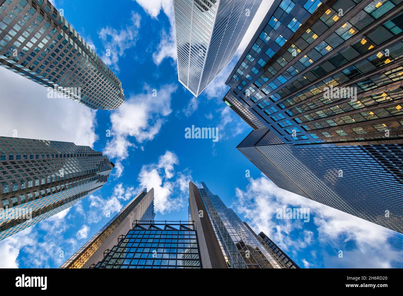 Directly below wide angle view of the skyscrapers in the financial district in Toronto, Canada. Nov. 17, 2021 Stock Photo