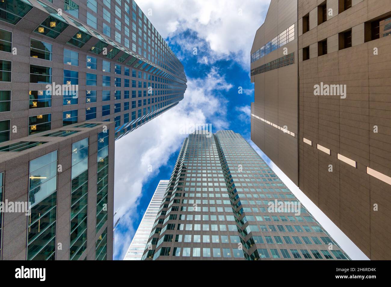 Directly below the skyscraper buildings in the financial district in the downtown of Toronto, Canada. Nov. 17, 2021 Stock Photo