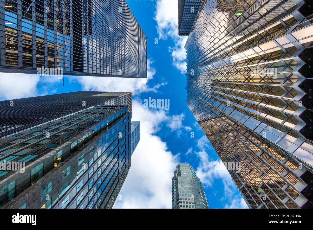 Directly below the skyscraper buildings in the financial district in the downtown of Toronto, Canada. Nov. 17, 2021 Stock Photo