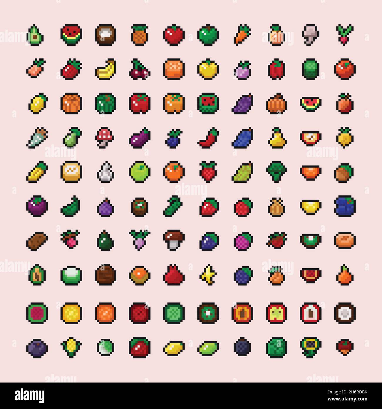 Set of pixel art fruits icon. 32x32 pixels. Vector illustration on