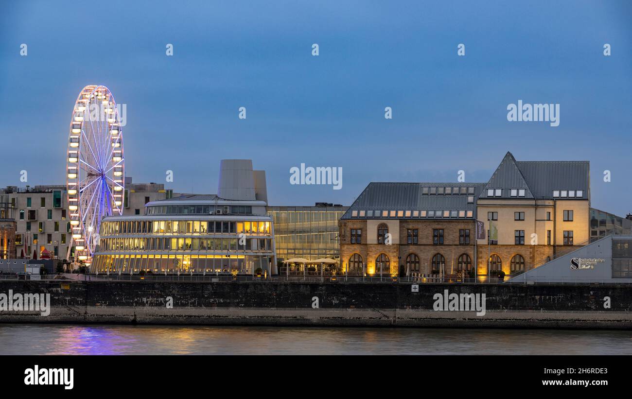Cologne urban skyline above Rhine river with illuminated buildings ...
