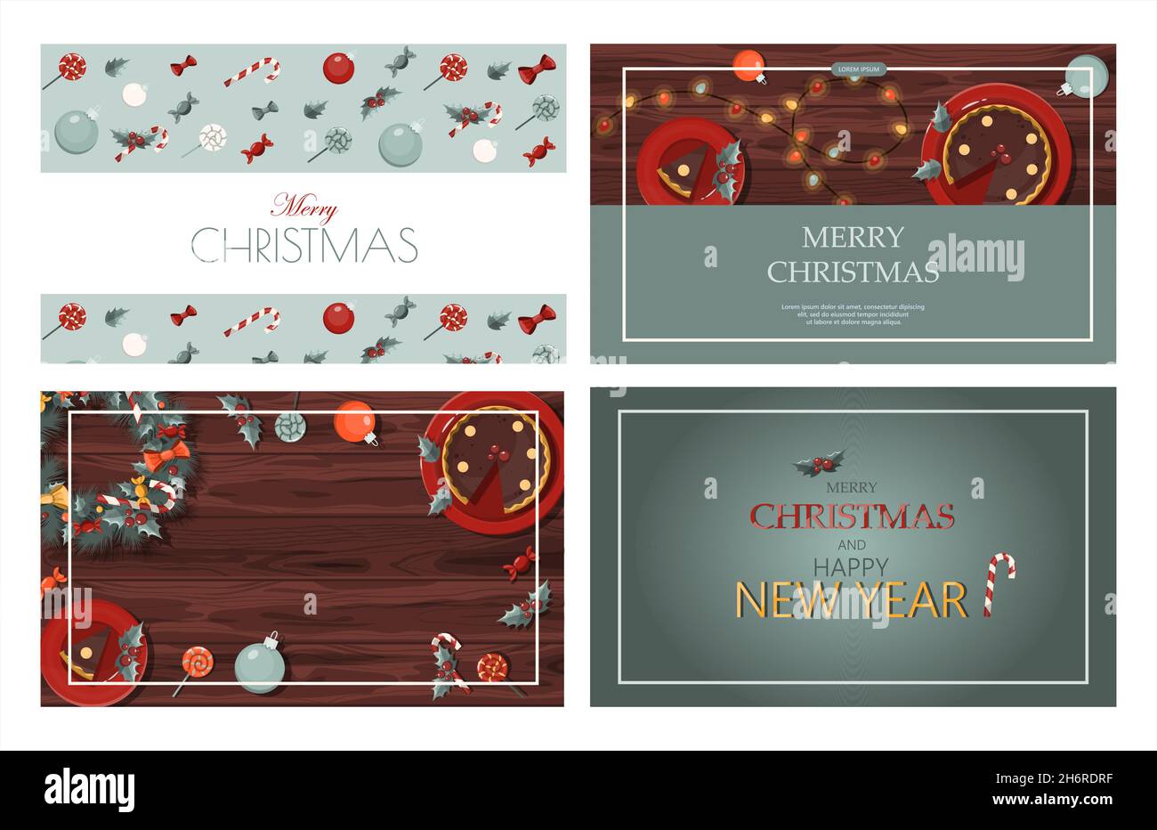 Set of flat vector banners Merry Christmas and happy new year. Cartoon ...