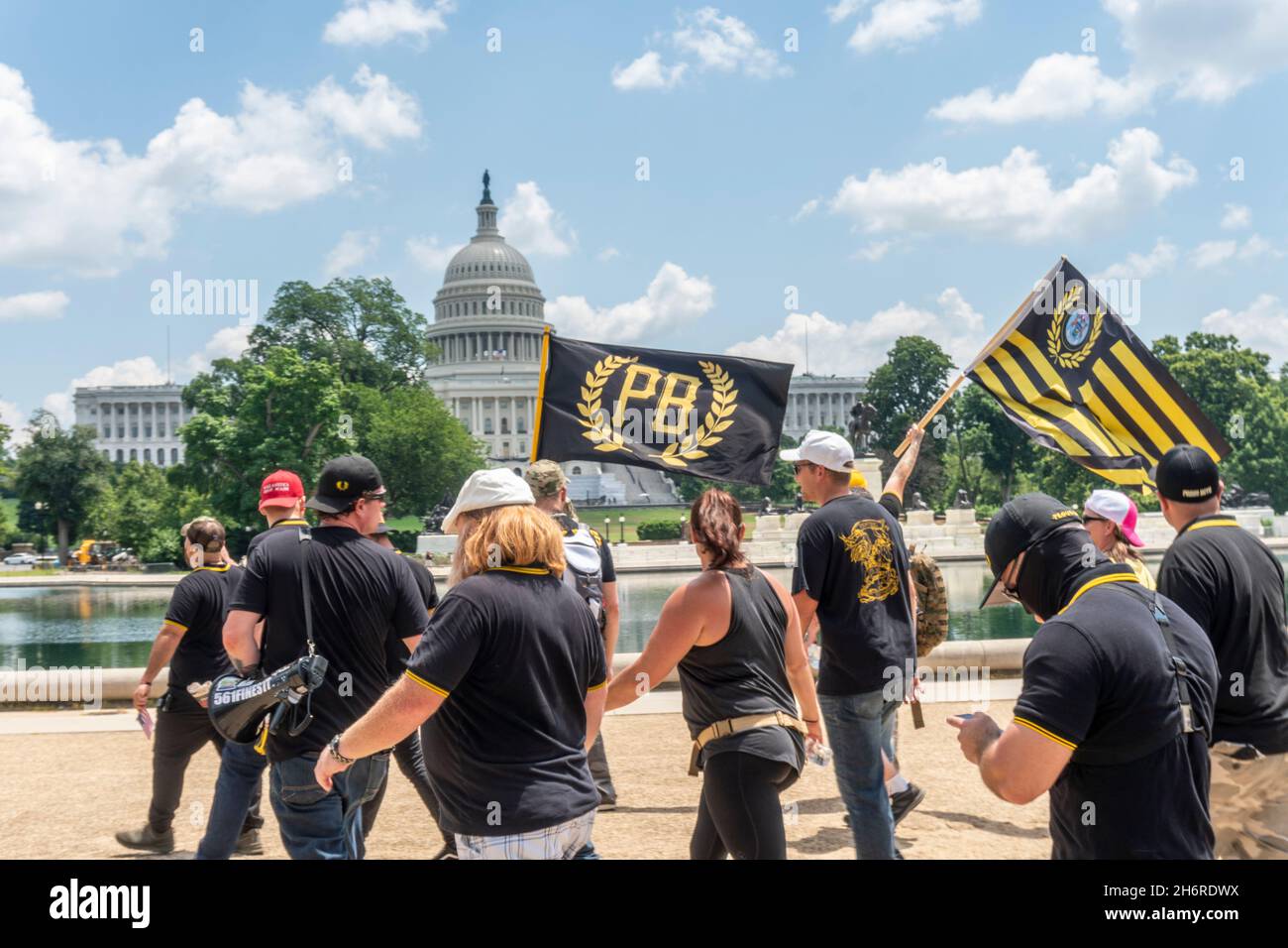 A group of Proud Boys and Trump supporters march to the US Capitol building in Washington DC on 4th July, 2020. Credit: Rise Images/Alamy Stock Photo