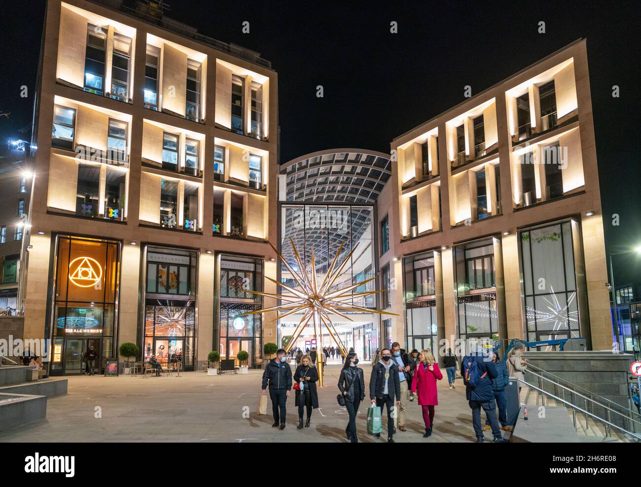 Night view of St James Quarter with Christmas decorations in front in