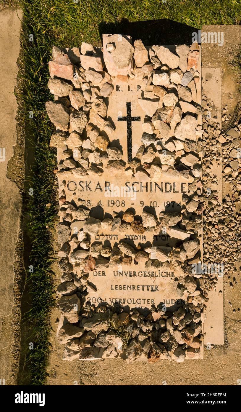 World War ll, Oskar Schindler grave on Mount Zion, 1974, He saved 1,200 Jews during World War II. The movie Schindler‘s List tells his story. Stock Photo