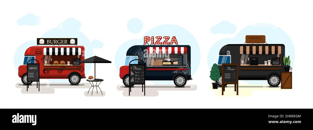 Set of vector food trucks with pizza, coffee and burgers. Vector flat