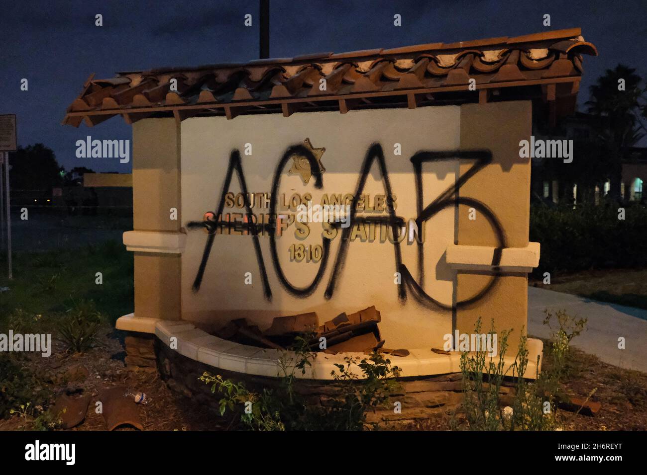 Los Angeles, CA, USA. 1st Sep, 2020. The Los Angeles Sheriff's Station after it was tagged up during a protest near the scene of the shooting of Dijon Kizzee. Credit: Rise Images/Alamy Stock Photo