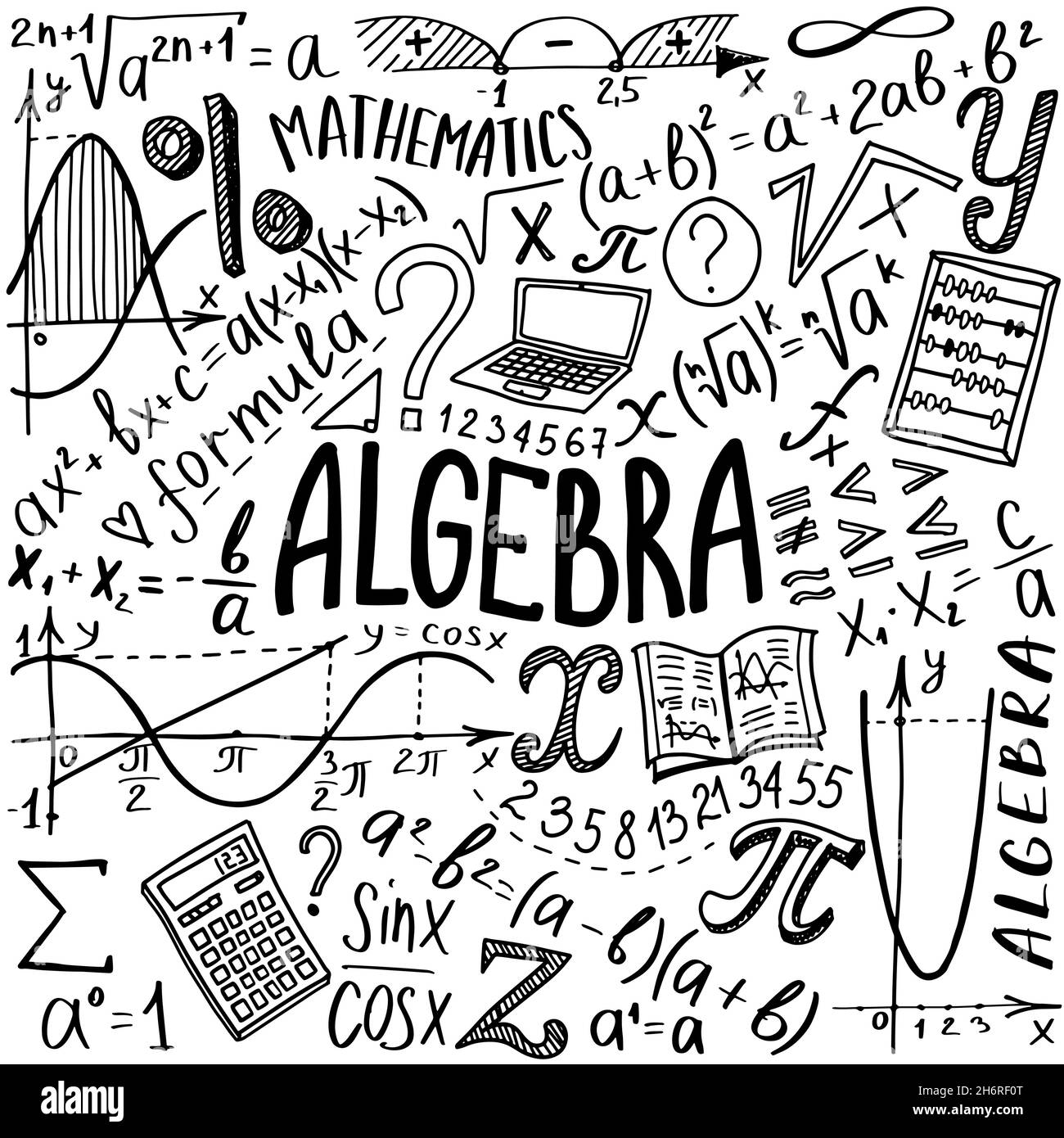 Maths symbols icon set. Algebra or mathematics subject doodle design. Education and study concept. Back to school background for notebook, not pad Stock Vector