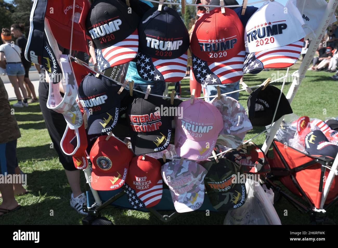 Los Angeles, CA, USA. 8th Aug, 2020. Multiple pro-Trump hats are on display for sale at a weekly rally in Los Angeles. Credit: Rise Images/Alamy Stock Photo