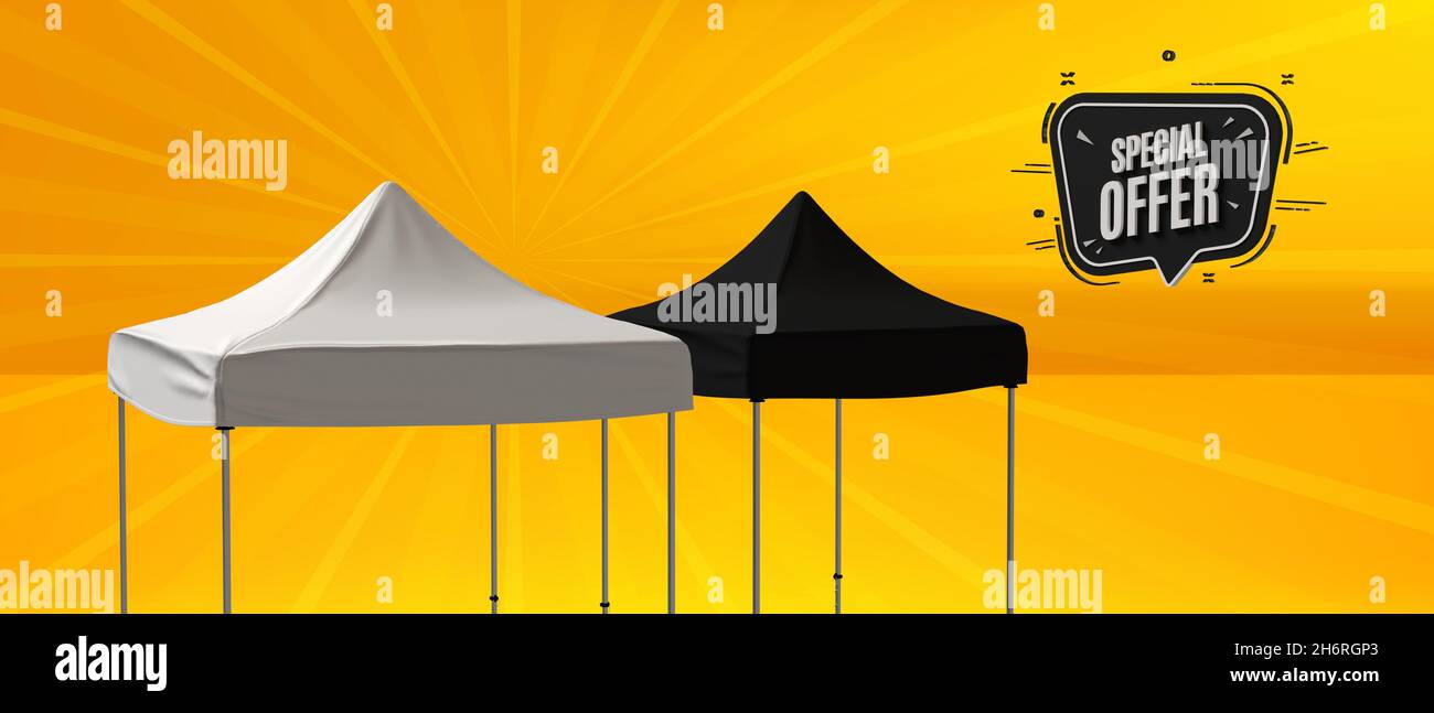 A 2 meter and a 1.5 meter Gazebo Tent in black and white on a colorful orange background, 3d rendered illustration. Stock Photo