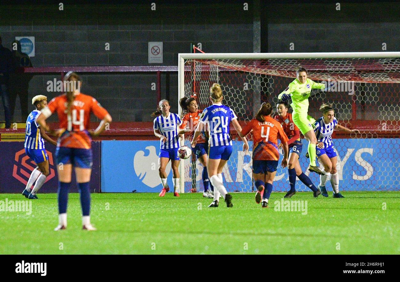 Crawley, UK. 17th Nov, 2021. Megan Walsh Goalkeeper of Brighton and Hove Albion is unable to keep hold of the ball during the FA Women's League Cup Group E match between Brighton & Hove Albion Women and London City Lionesses at The People's Pension Stadium on November 17th 2021 in Crawley, United Kingdom. (Photo by Jeff Mood/phcimages.com) Credit: PHC Images/Alamy Live News Stock Photo