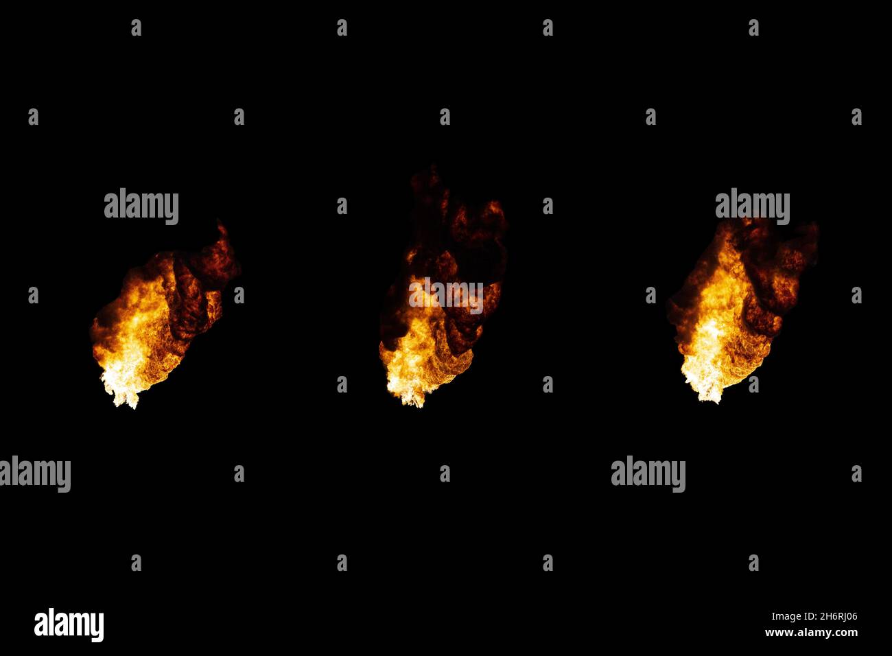 Three flames of oil torches isolated on a black background. Stock Photo