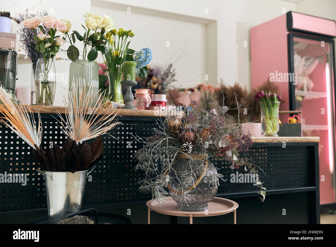 Flowers and bouquets at modern light flower shop Stock Photo