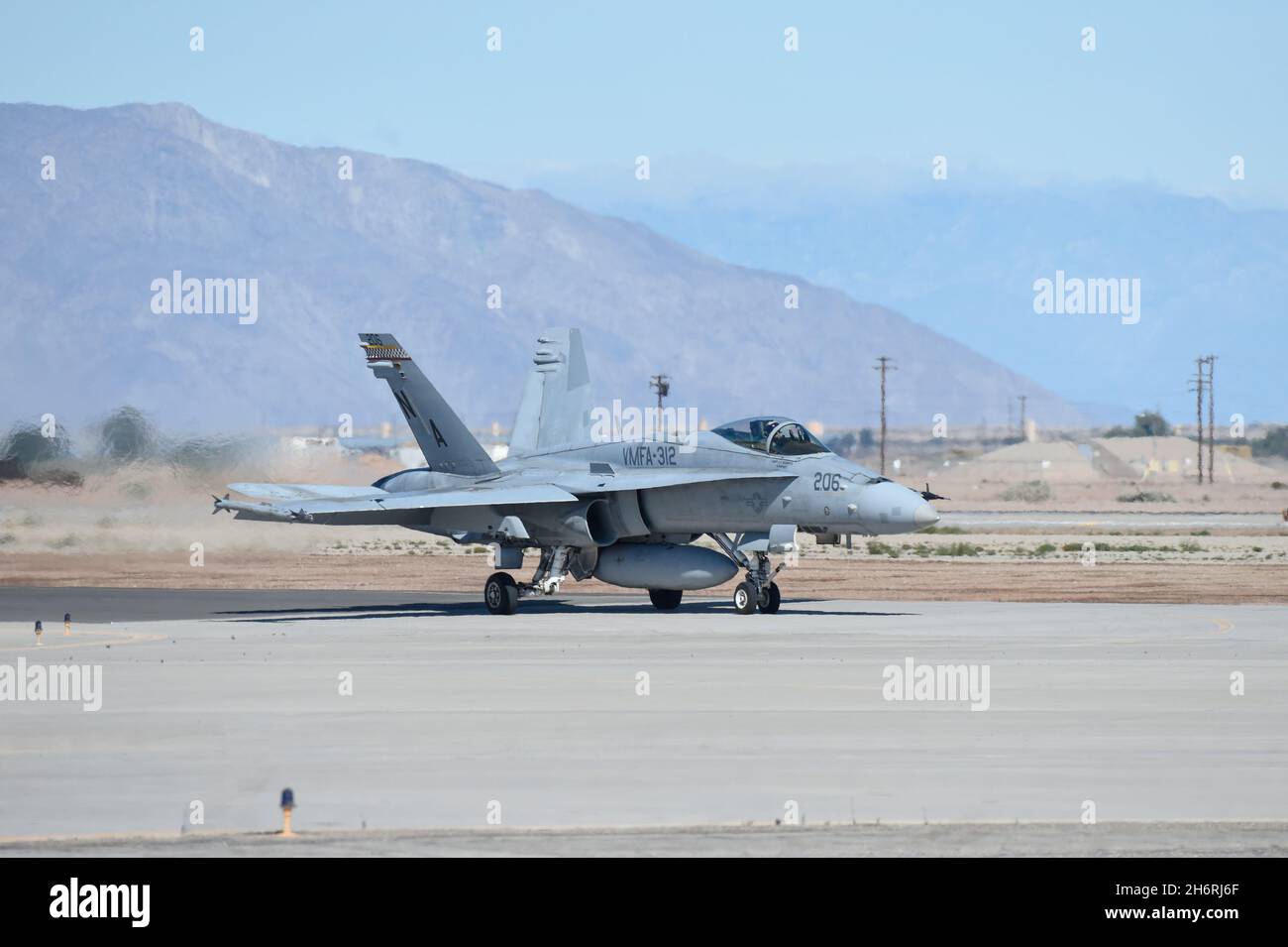 VMFA-312 Checkerboards, F/A-18C Hornet readies for takeoff at NAF El Centro, California Stock Photo