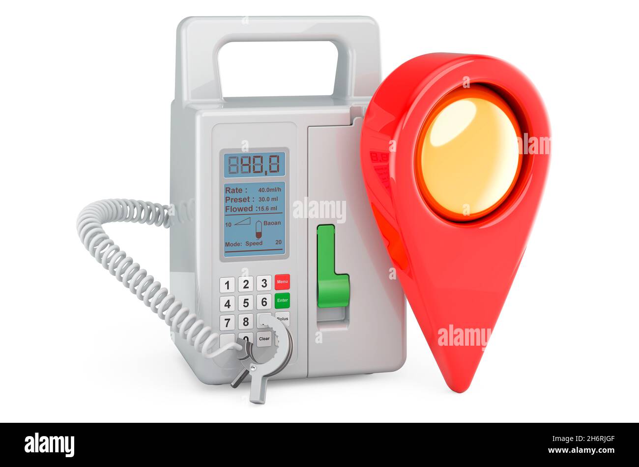 Infusion pump with map pointer. 3D rendering isolated on white ...