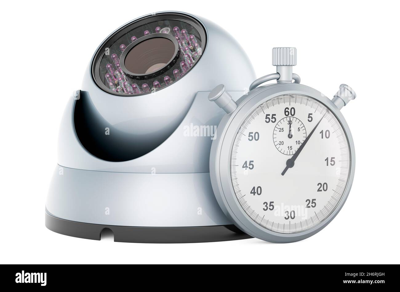 Dome security camera with stopwatch, 3D rendering isolated on white