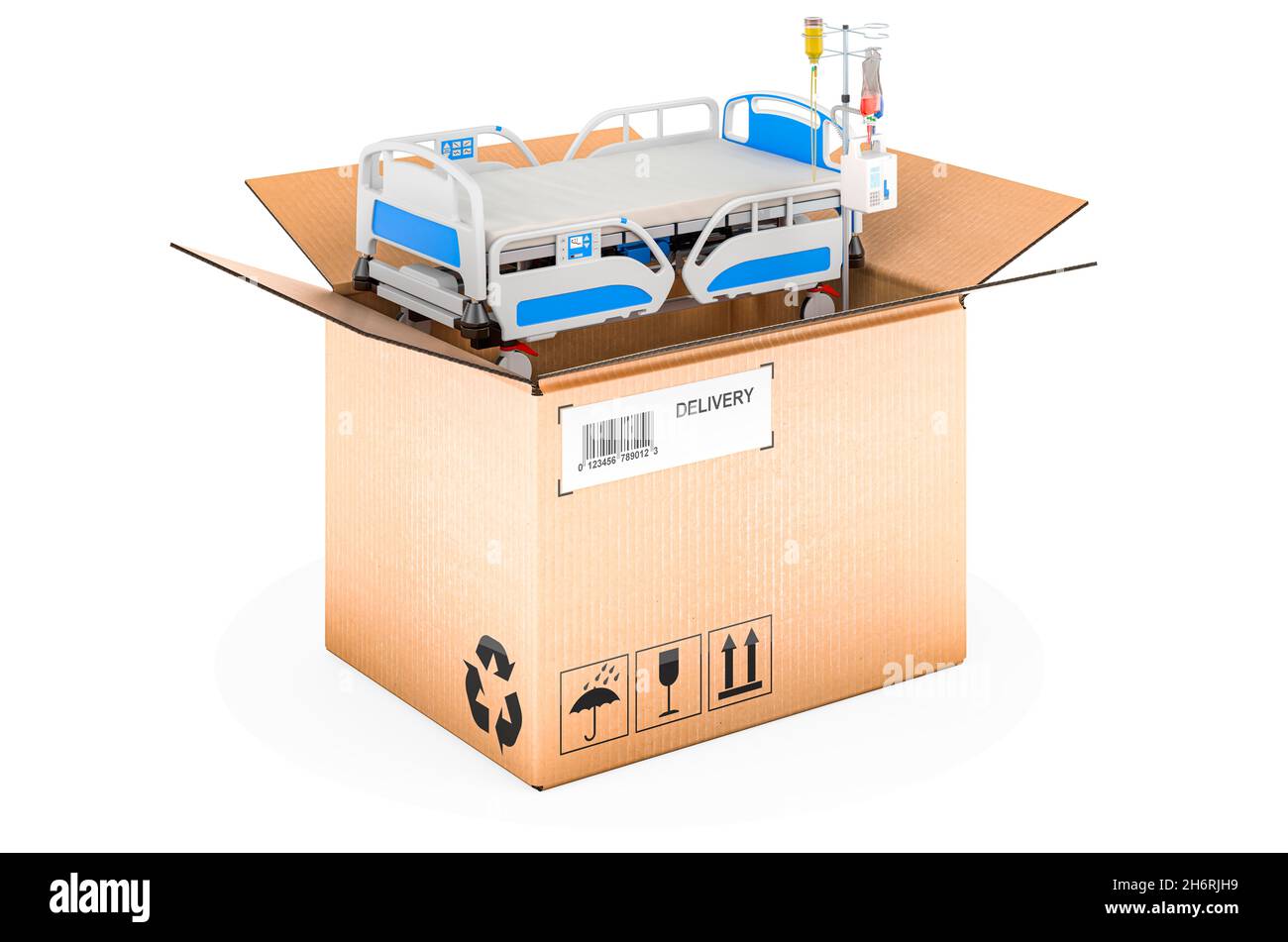 Adjustable hospital bed inside cardboard box, delivery concept. 3D rendering isolated on white