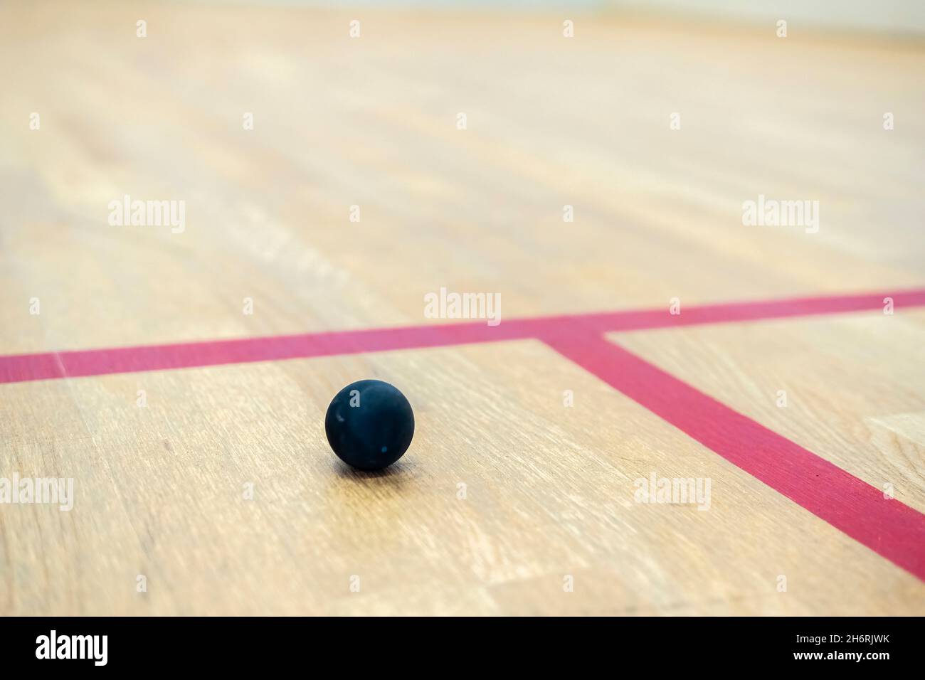 the squash ball lies on the wooden floor between the lines dividing the