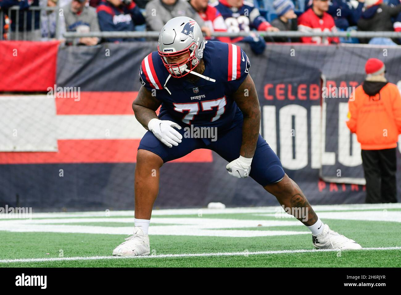 Foxborough, Massachusetts, USA. 14th Nov, 2021. New England Patriots  offensive tackle Trent Brown (77) before the NFL football game between the  Cleveland Browns and the New England Patriots at Gillette Stadium, in