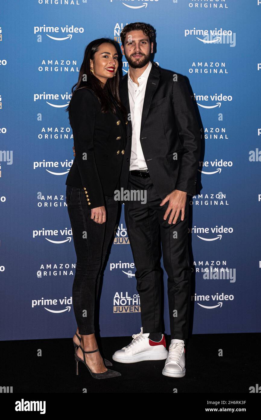 Turin, Italy. 17 November 2021. Thessa Lacovich and Manuel Locatelli pose  during the photo call of the new Amazon Prime Video show 'All or Nothing:  Juventus' premiere. Credit: Nicolò Campo/Alamy Live News