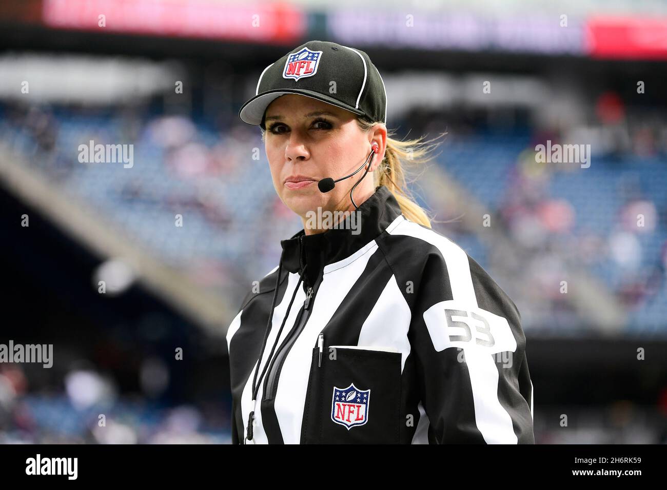 Foxborough, Massachusetts, USA. 14th Nov, 2021. NFL line judge Sarah Thomas (53) before the NFL football game between the Cleveland Browns and the New England Patriots at Gillette Stadium, in Foxborough, Massachusetts. The Patriots defeat the Browns 45-7. Eric Canha/CSM/Alamy Live News Stock Photo