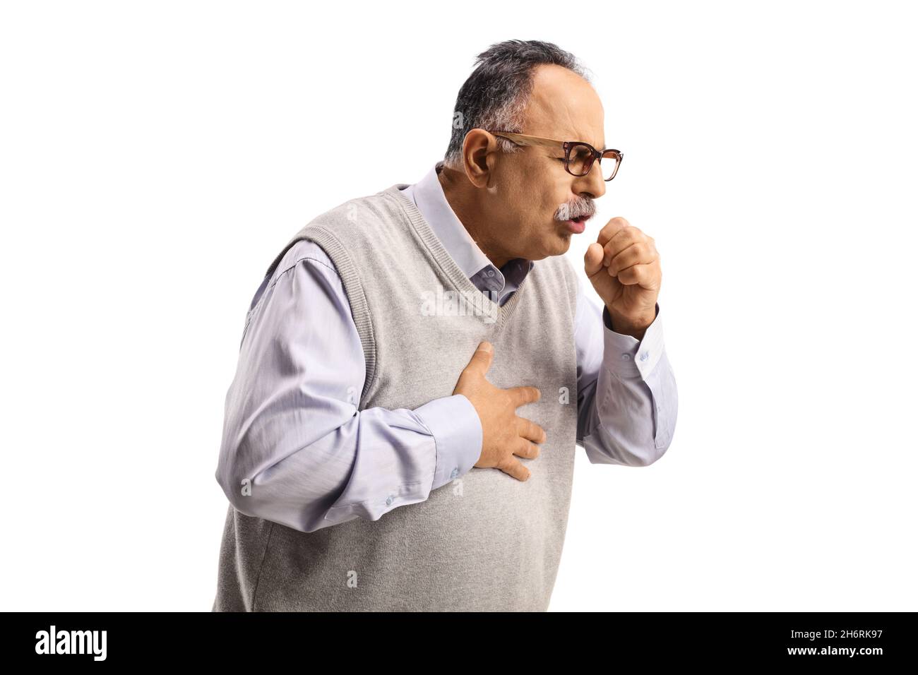 Mature man caughing isolated on white background Stock Photo - Alamy