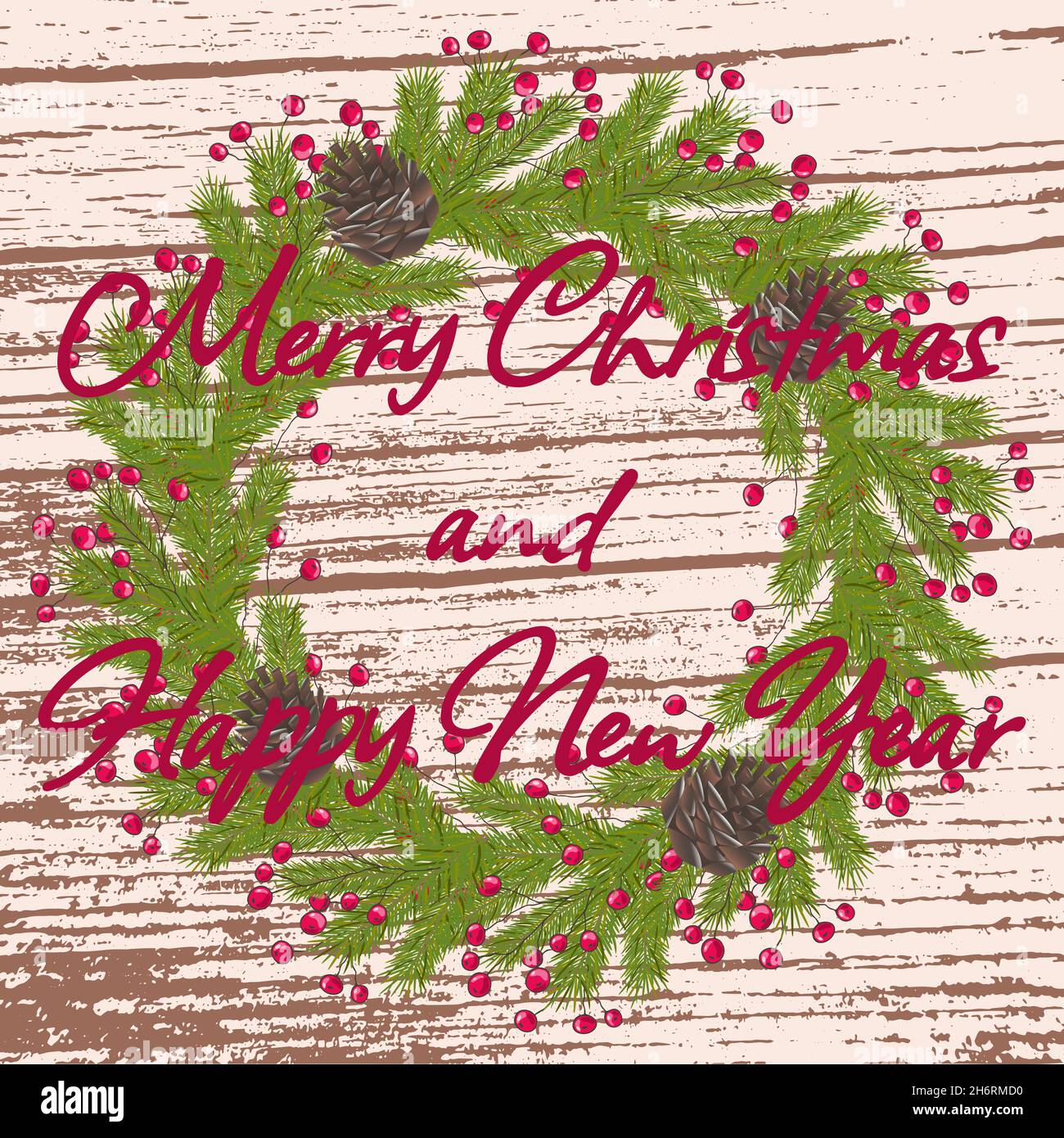 Christmas wreath of evergreens and red holly berries on wooden