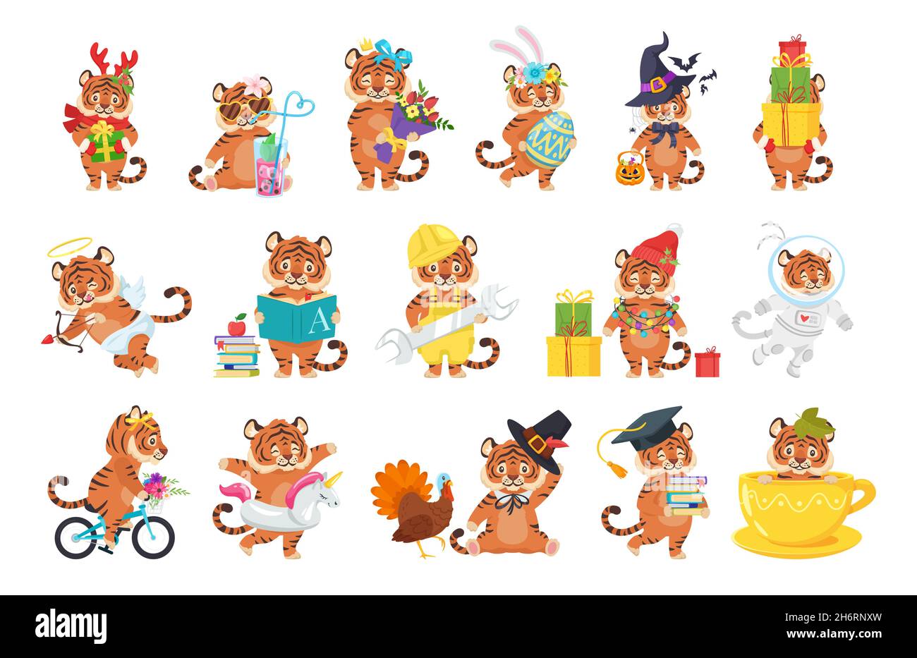 Vector cartoon style set of tiger characters Stock Vector