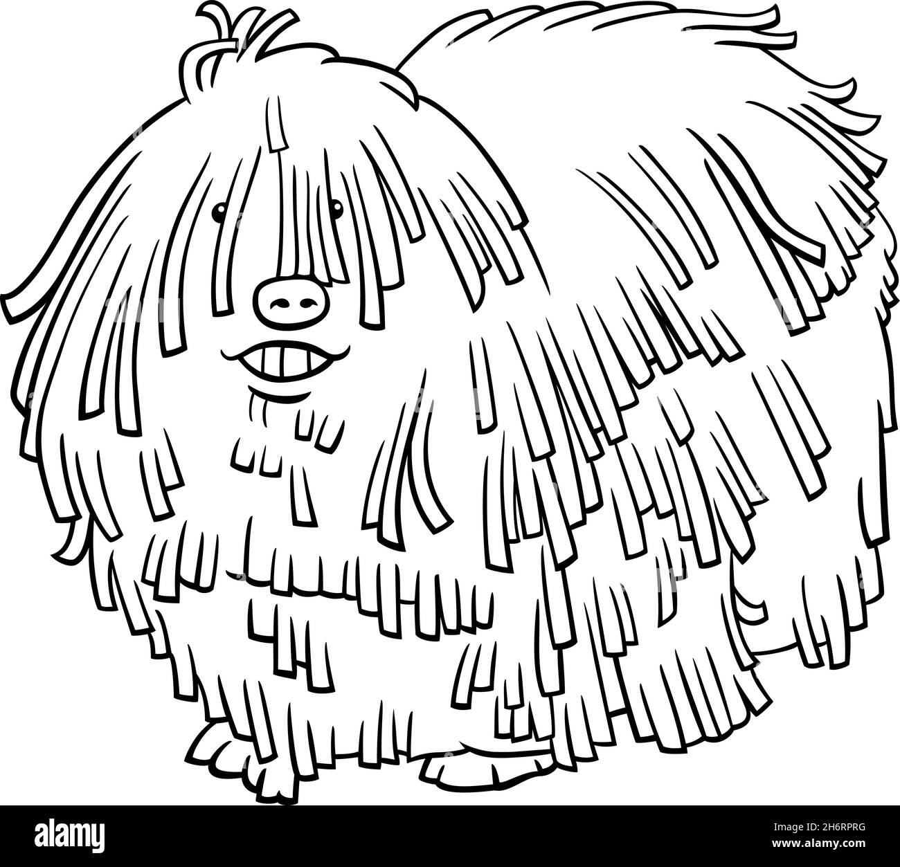 Black and white cartoon illustration of komondor or Hungarian sheepdog purebred dog animal character coloring book page Stock Vector