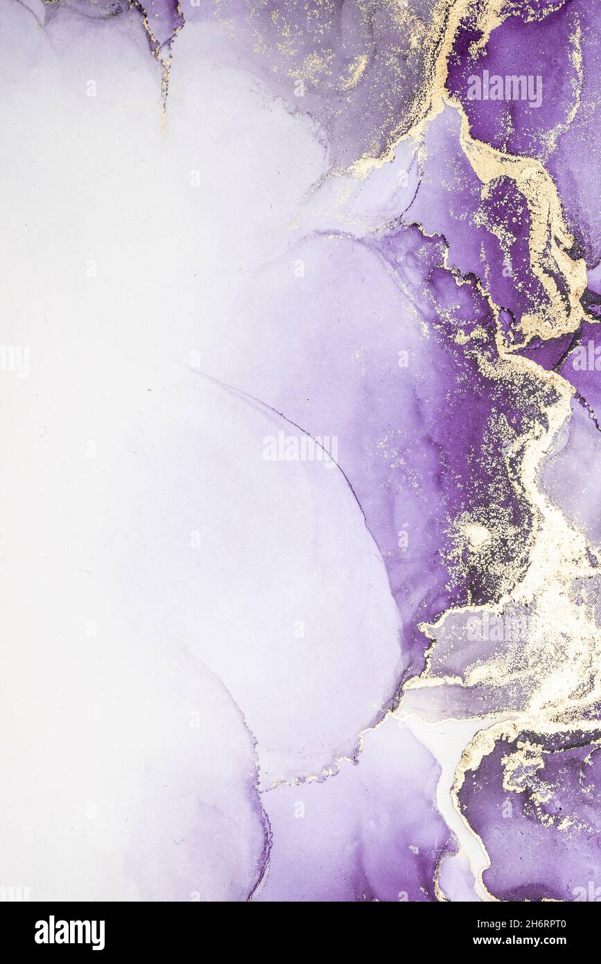 Purple gold abstract background of marble liquid ink art painting on paper . Image of original artwork watercolor alcohol ink paint on high quality Stock Photo