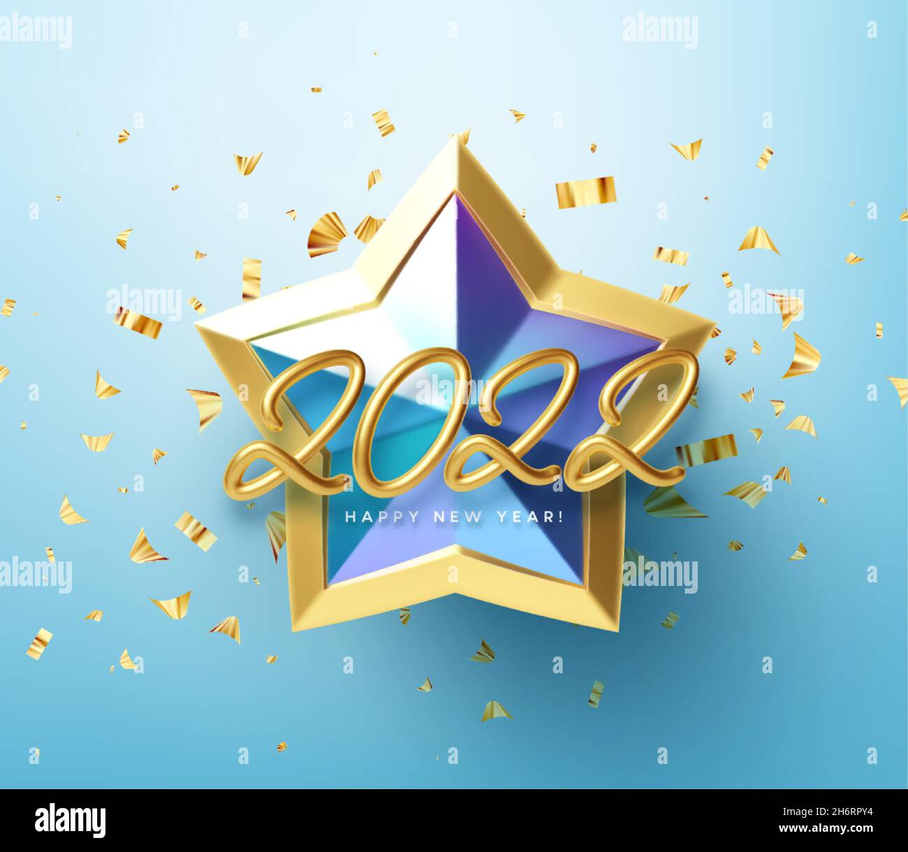 Realistic shiny 3D golden inscription 2022 Happy New Year on a blue ...